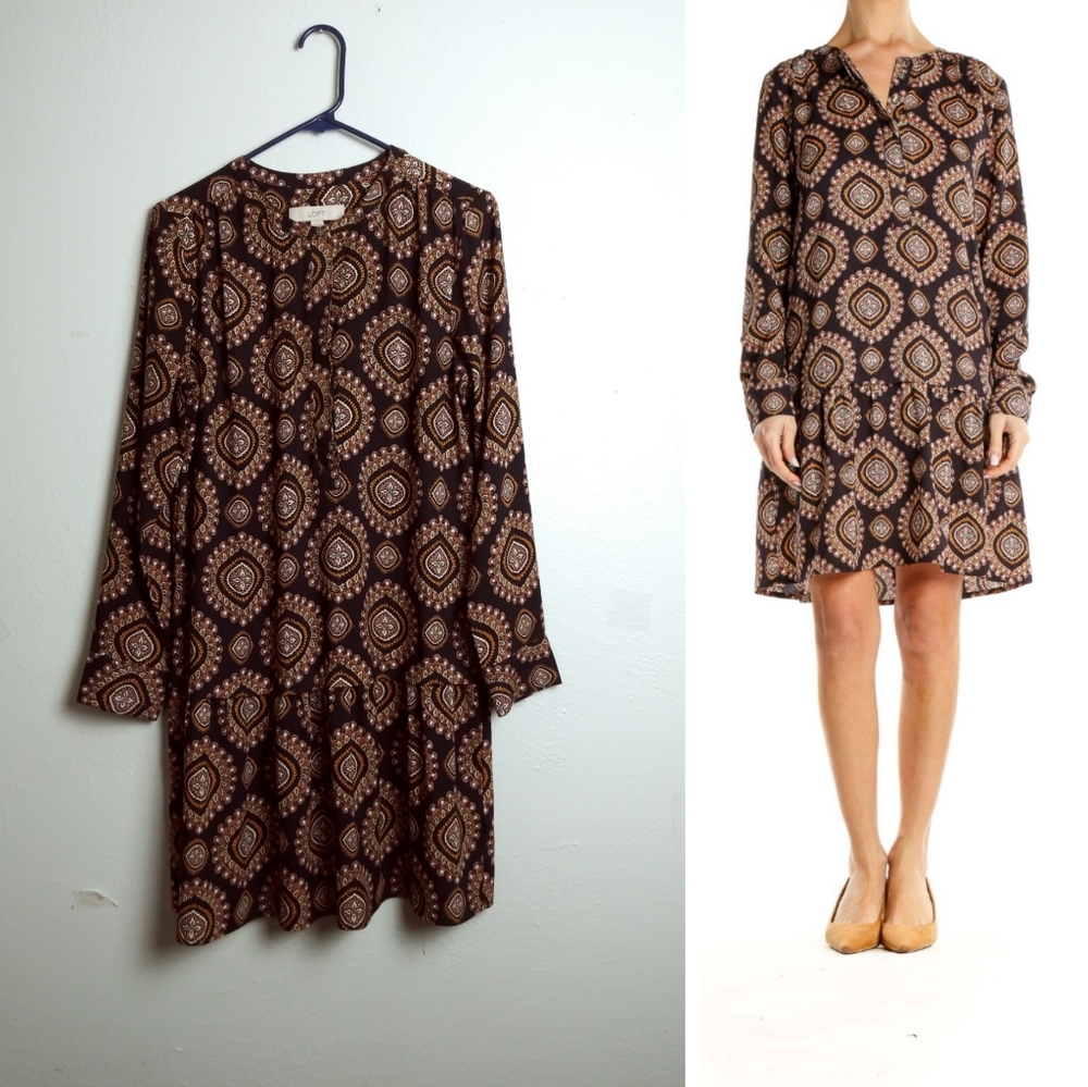 Loft Ann Taylor Drop Waist Dress Size M Black & Brown Medallion Print Boho